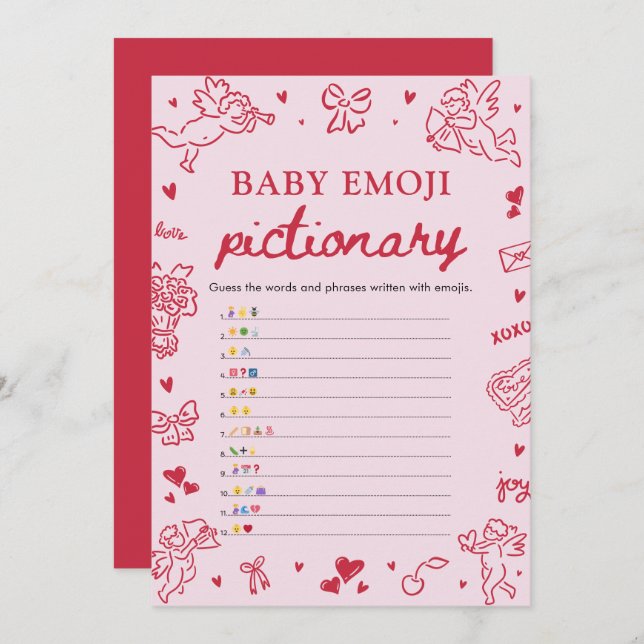 Hand Drawn Valentine Baby Emoji Pictionary Game Invitation (Front/Back)