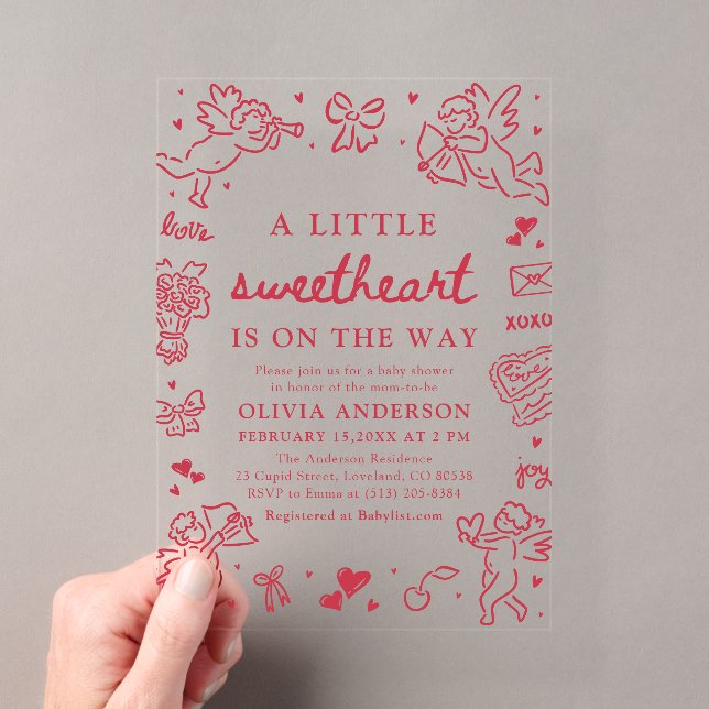 Hand Drawn Valentine Little Sweetheart Baby Shower Acrylic Invitations (Insitu (Handheld))