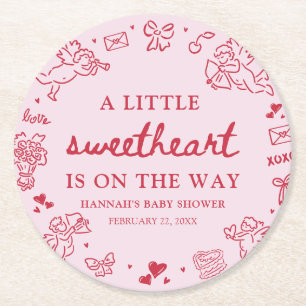 Hand Drawn Valentine Little Sweetheart Baby Shower Round Paper Coaster