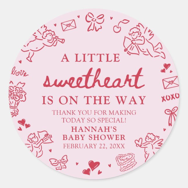 Hand Drawn Valentine Little Sweetheat Baby Shower Classic Round Sticker (Front)