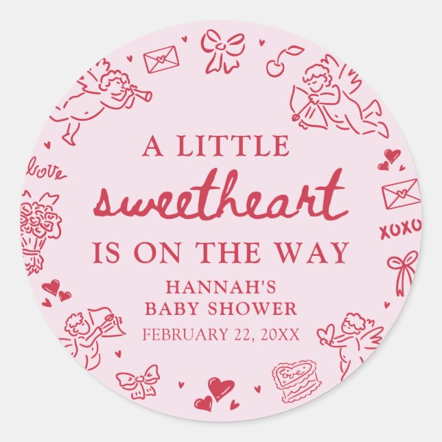 Hand Drawn Valentine Little Sweetheat Baby Shower Classic Round Sticker (Front)