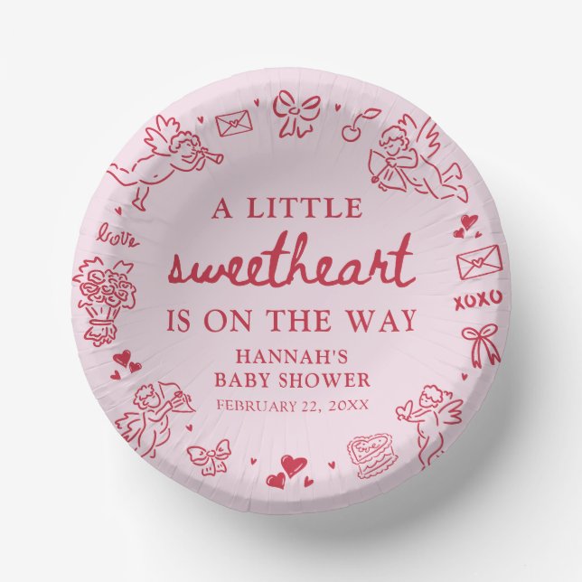 Hand Drawn Valentine Little Sweetheat Baby Shower Paper Plate (Front)