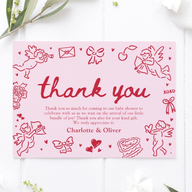 Hand Drawn Valentine Sweetheart Thank you card (Pink Red Hand Drawn Valentine Sweetheart Thank you card)