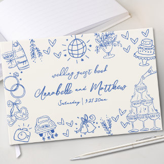 Hand Drawn Vintage Blue Whimsical Wedding Guest Book