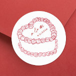 Hand Drawn Vintage Cake Red Whimsical Wedding Classic Round Sticker<br><div class="desc">Personalized Vintage Cake Wedding Monogram Stickers. These custom round wedding stickers feature a simple vintage-style cake illustration at the centre, topped with the couple’s monogram initials and wedding date for a timeless and elegant touch. The minimalist design uses a mix of classic serif and handwritten script fonts, keeping the look...</div>