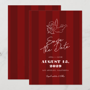 Hand Drawn Vintage Cherub Red Striped Wedding Save The Date