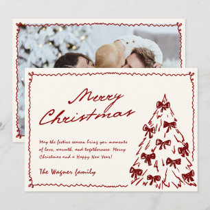 Hand Drawn Vintage Cream Red Frame Christmas Photo Holiday Card