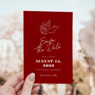 Hand Drawn Vintage Cupid Cherub Red Wedding Save The Date