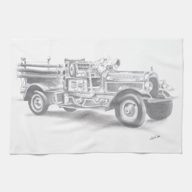hand drawn vintage fire truck sketch kitchen towel (Horizontal)