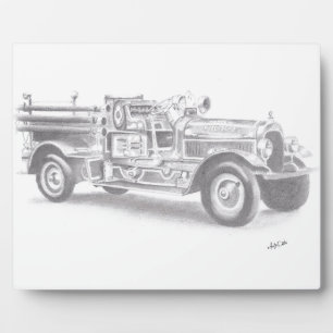 hand drawn vintage fire truck sketch plaque