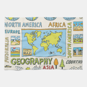 Hand Drawn Vintage Geography Illustration Kitchen Towel