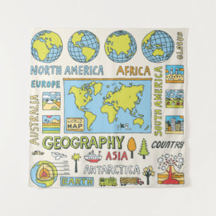 Hand Drawn Vintage Geography Illustration Tapestry