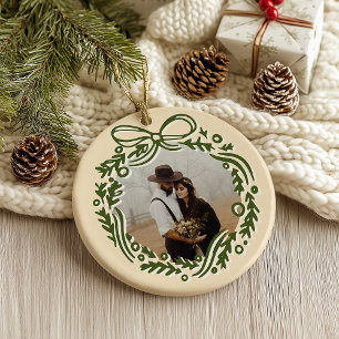Hand-Drawn Vintage Inspired Christmas Wreath Ceramic Ornament