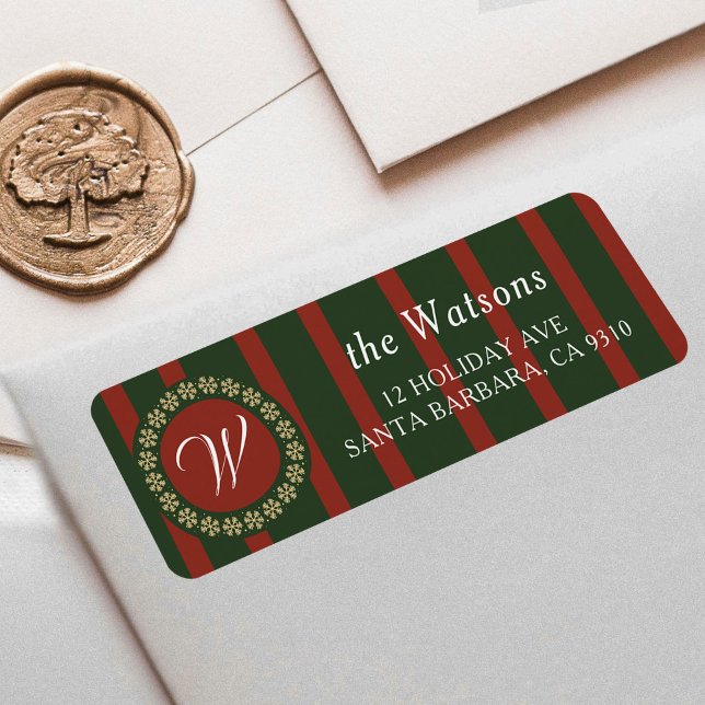 Hand Drawn Vintage Monogram Red Green Stripe Xmas (Vintage style Holiday Return Address Labels with your name, address and monogram)