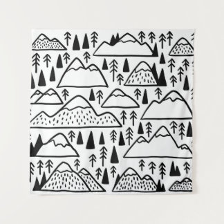 Hand-Drawn Vintage Mountains and Trees. Tapestry