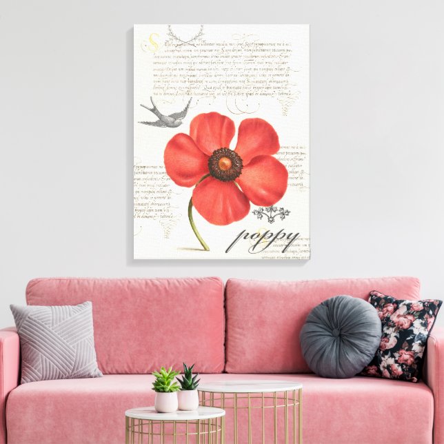Hand-Drawn Vintage Red Poppy Canvas Print (Insitu(LivingRoom))