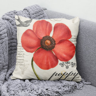 Hand-Drawn Vintage Red Poppy Pop of Colour Throw Pillow