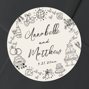 Hand Drawn Vintage Whimsical Wedding Classic Round Sticker