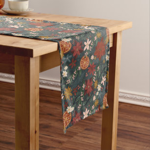 Hand Drawn Vintage Winter Florals Dark Green Long Table Runner