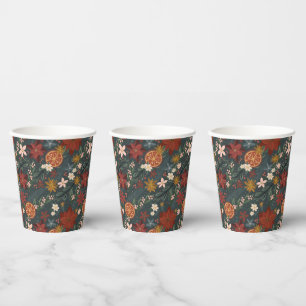 Hand Drawn Vintage Winter Florals Dark Green Paper Cups