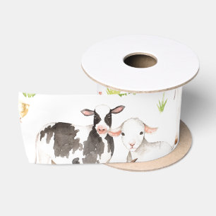 Hand drawn watercolor animals on the farm satin ribbon