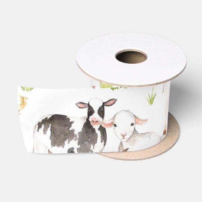 Hand drawn watercolor animals on the farm satin ribbon (Spool)