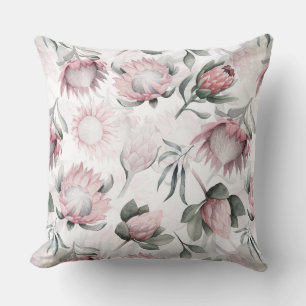 Hand drawn watercolor blush protea flower pattern throw pillow