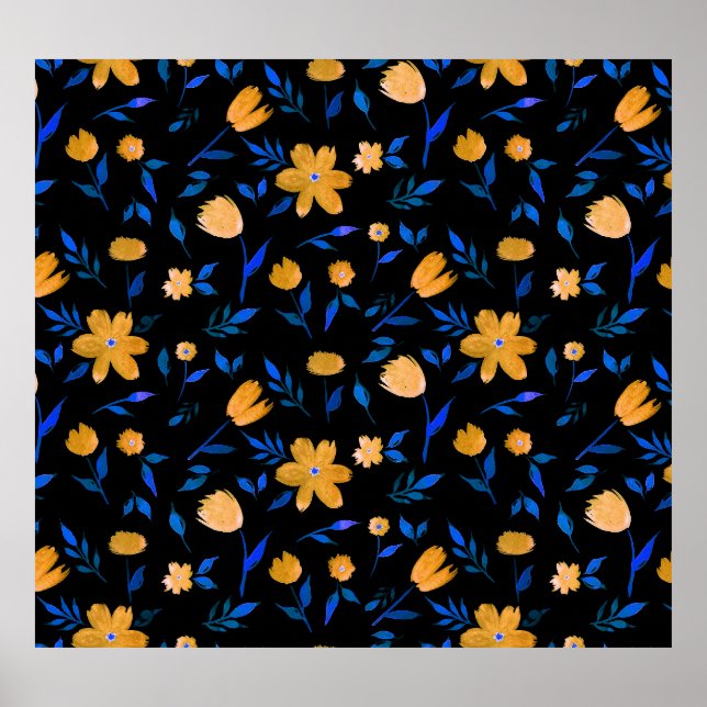 Hand-drawn watercolor flowers and leaves pattern. poster (Front)