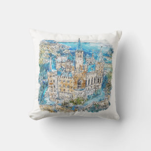 Hand Drawn Watercolor Hohenzollern Castle Germany Throw Pillow