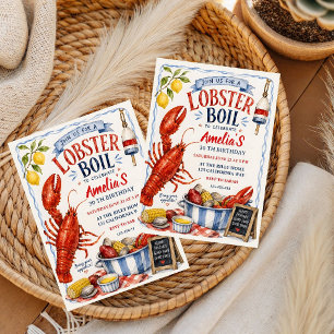 Hand drawn Watercolor Lobster Boil birthday Invitation