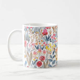 Hand-drawn watercolor seamless floral pattern with coffee mug