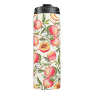 Hand-drawn watercolor seamless pattern with orange thermal tumbler