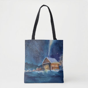 Hand drawn watercolor winter landscape tote bag
