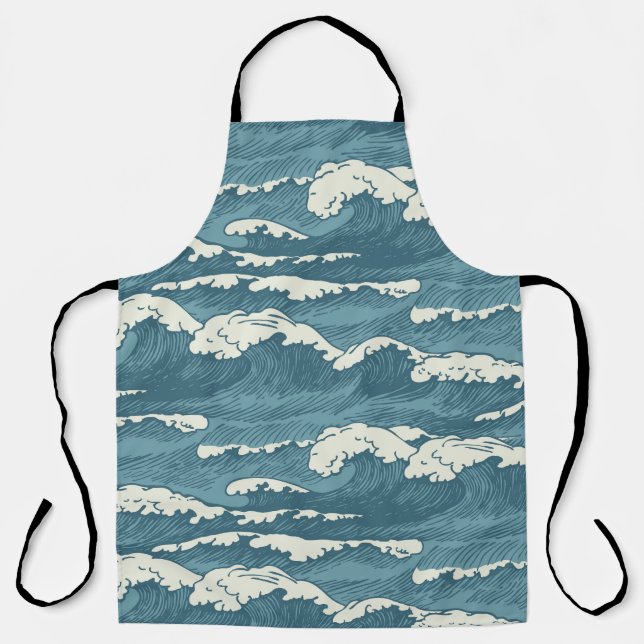 Hand-Drawn Waves Retro Vintage Pattern Apron (Front)