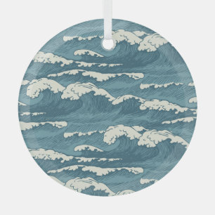 Hand-Drawn Waves Retro Vintage Pattern Glass Ornament