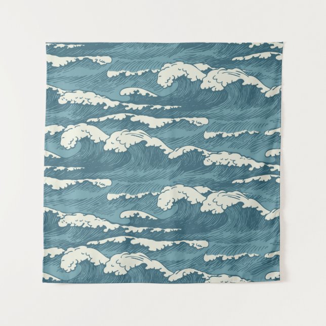 Hand-Drawn Waves Retro Vintage Pattern Tapestry (Front)