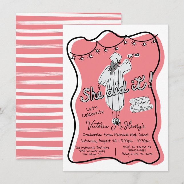 Hand drawn wavy frame graduation party invitation (Front/Back)