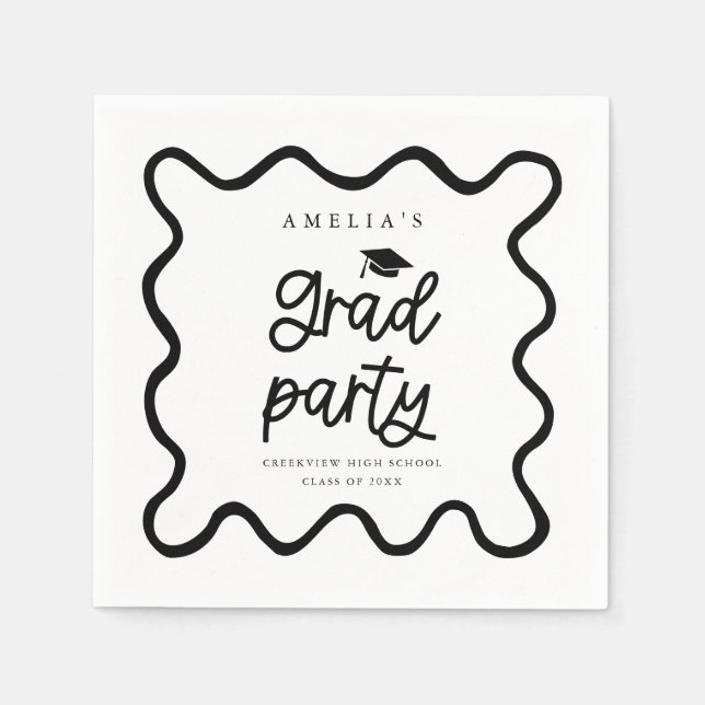 Hand Drawn Wavy Line White Grad Party Napkin (Front)