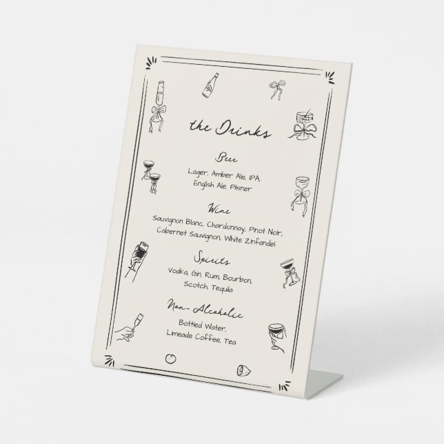 Hand Drawn Wedding Bar Drink Menu Pedestal Sign (Front)