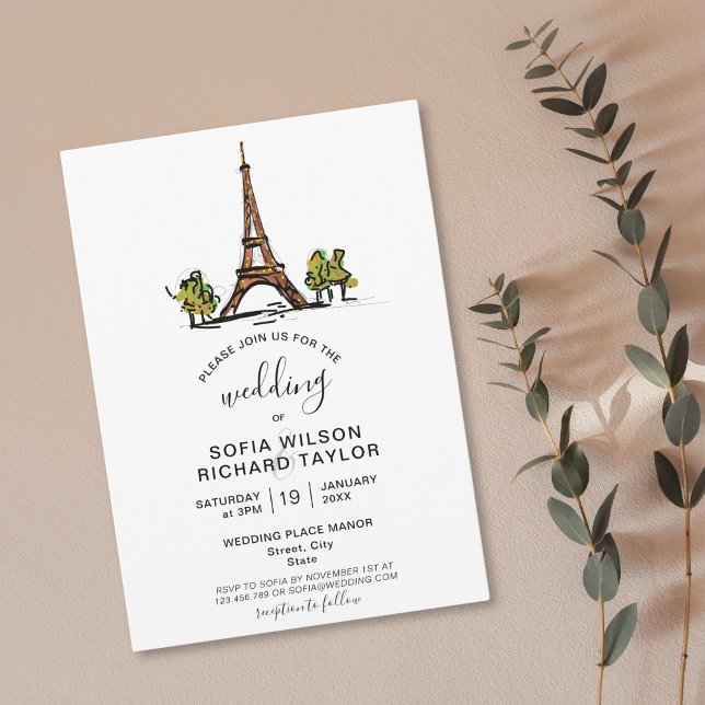 Hand Drawn Wedding Destination Paris Eiffel Tower Invitation (paris Eiffel tower hand drawn doodle wedding invitation )