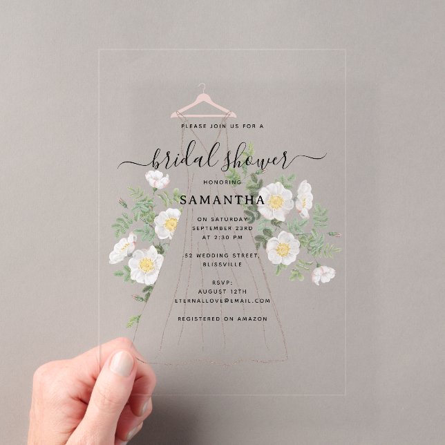 Hand Drawn Wedding Dress Floral Bridal Shower Acrylic Invitations (Insitu (Handheld))