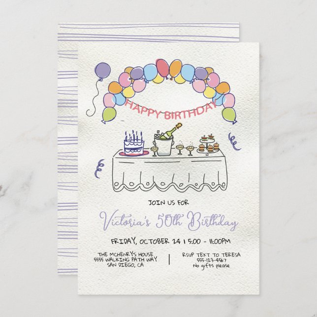Hand Drawn Whimsical Adult Birthday Party Invitation (Front/Back)