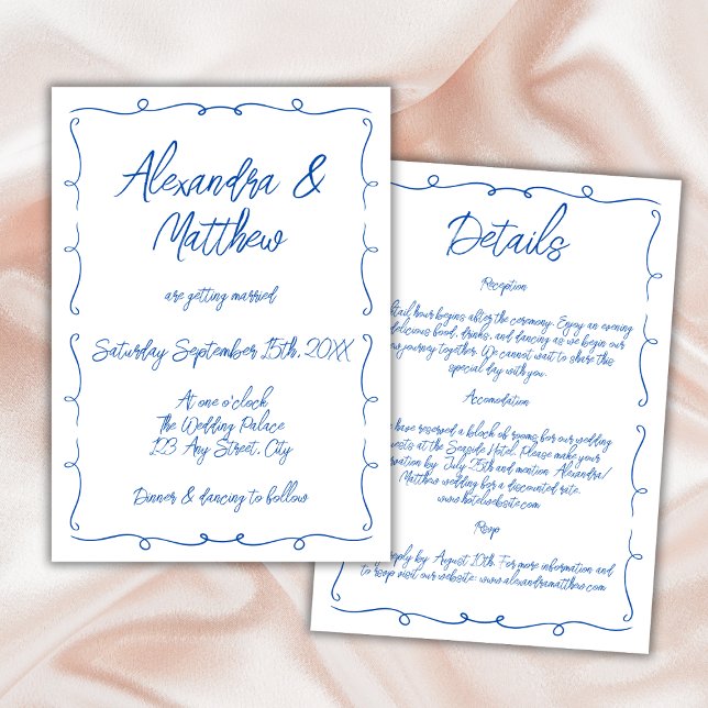 Hand Drawn Whimsical Blue Colourful Funky Wedding Invitation (Hand Drawn Whimsical Blue Colorful Funky Wedding Invitation hand lettered cobalt blue trendy)