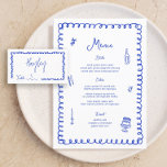 Hand Drawn Whimsical Blue French Wedding Menu<br><div class="desc">Handwritten French Wedding Table  Cards Flat Menu Elegant Calligraphy Eat and Drink Wedding Menus | Simple Calligraphy Rustic Wedding Menus Wedding Menus,  Rustic Wedding Menu,  Floral Wedidng Menu,  Wedding Table Menu</div>