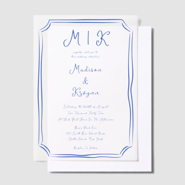 Hand Drawn Whimsical Blue French Wedding Vellum Invitations (Offset)