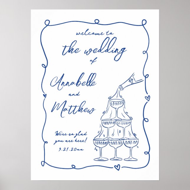 Hand Drawn Whimsical Blue Wedding Welcome Sign (Front)