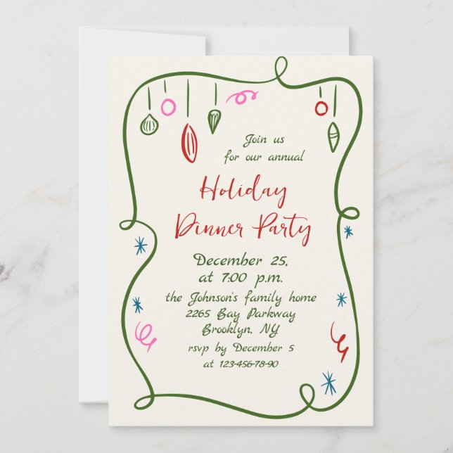 Hand Drawn Whimsical Christmas Holiday Dinner Invitation (Front)