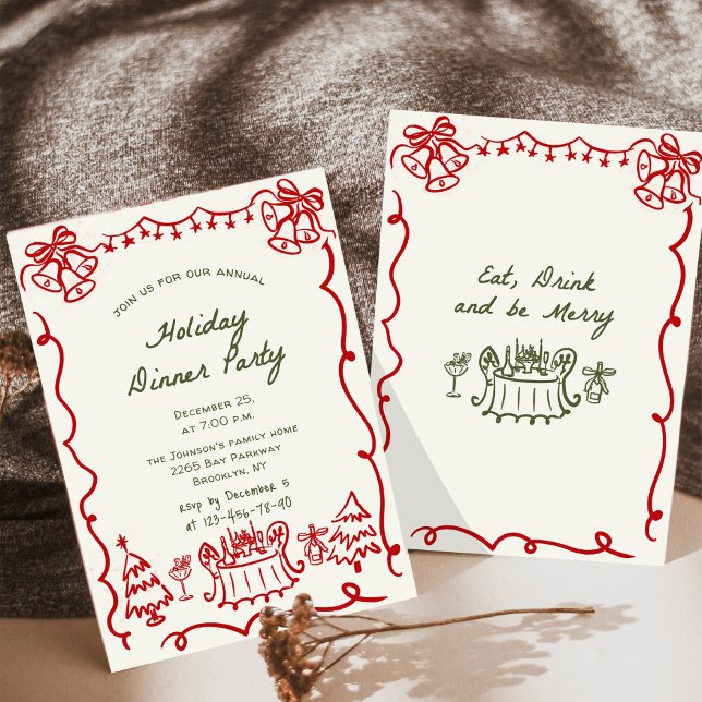 Hand Drawn Whimsical Christmas Holiday Dinner Invitation (Creator Uploaded)