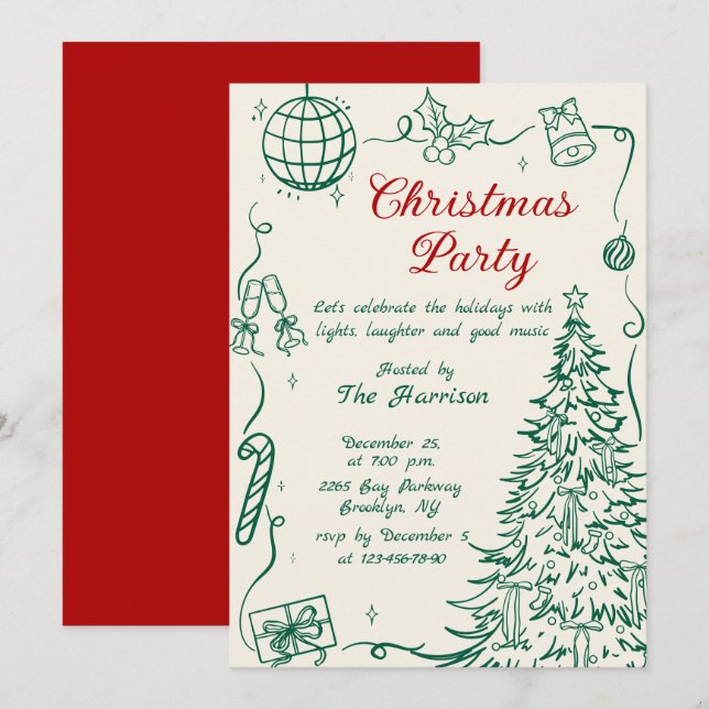 Hand Drawn Whimsical Christmas Holiday Party Invitation (Front/Back)