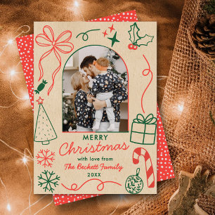 Hand Drawn Whimsical Christmas Photo Arch Kraft Holiday Card